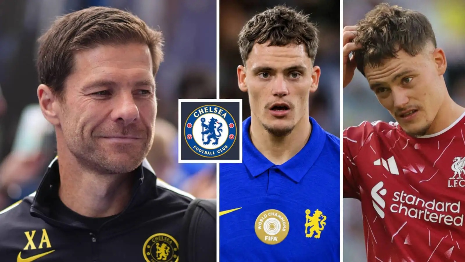 Chelsea manager Xabi Alonso next to Florian Wirtz with a Chelsea shirt Photoshopped on him and the same player in his usual Liverpool kit