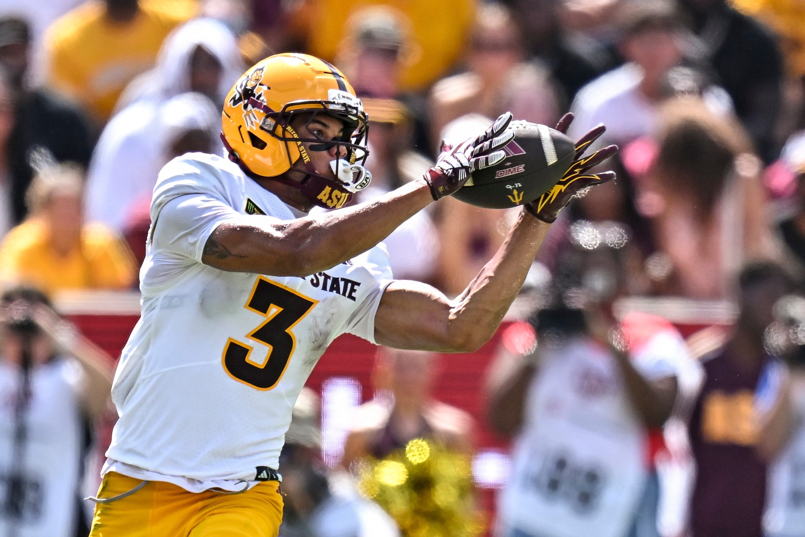 Sep 12, 2026; College Station, Texas, USA; Arizona State Sun Devils wide receiver Reed Harris (3) catches a pass against the Texas A&amp;M Aggies at Kyle Field. Mandatory Credit: Maria Lysaker-Imagn Images