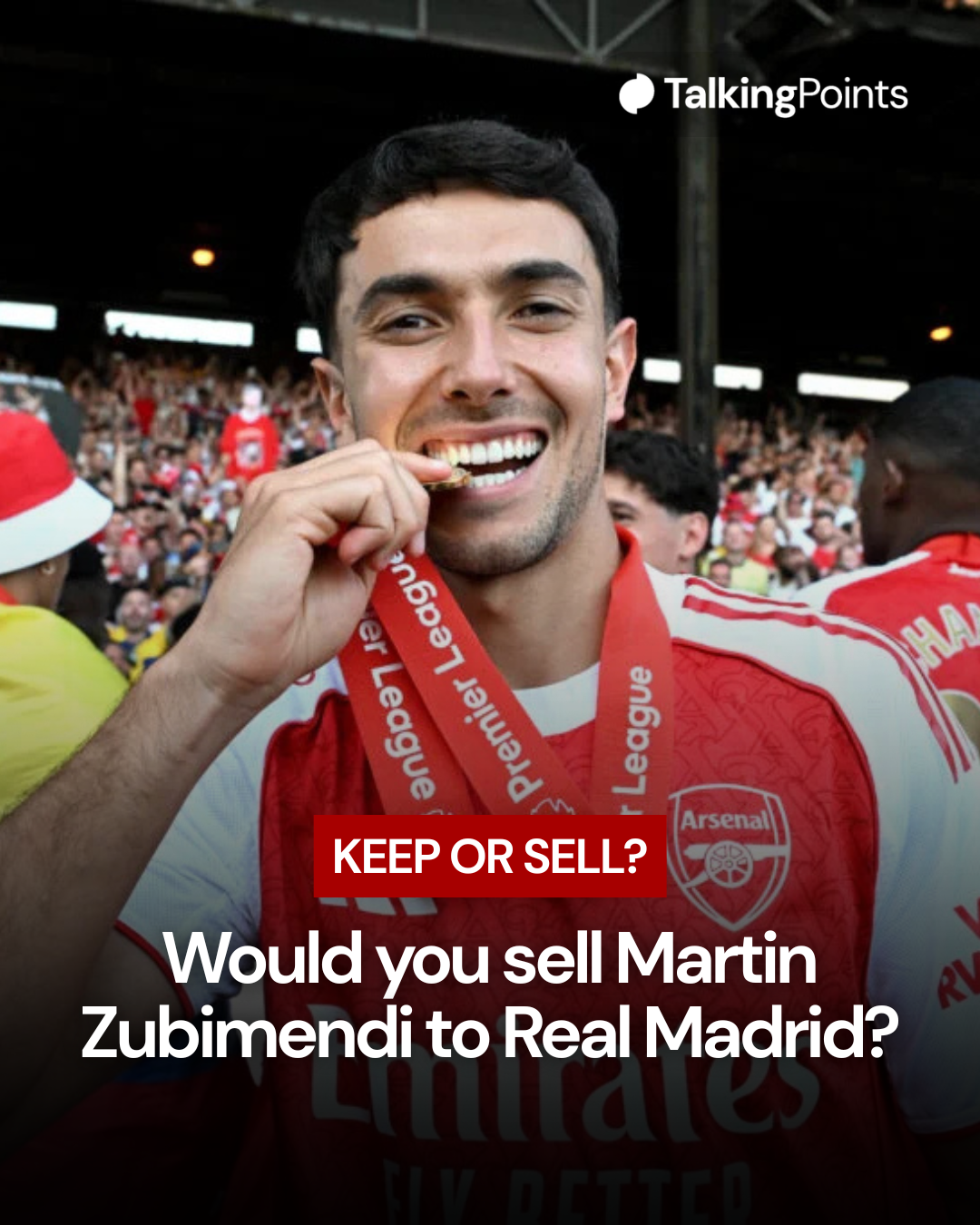 Image of Martin Zubimendi with a question about his future to Arsenal fans