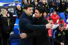 Mauricio Pochettino, Manager of Chelsea, embraces Mikel Arteta, Manager of Arsenal, prior to the Premier League match between Chelsea FC and Arsena...