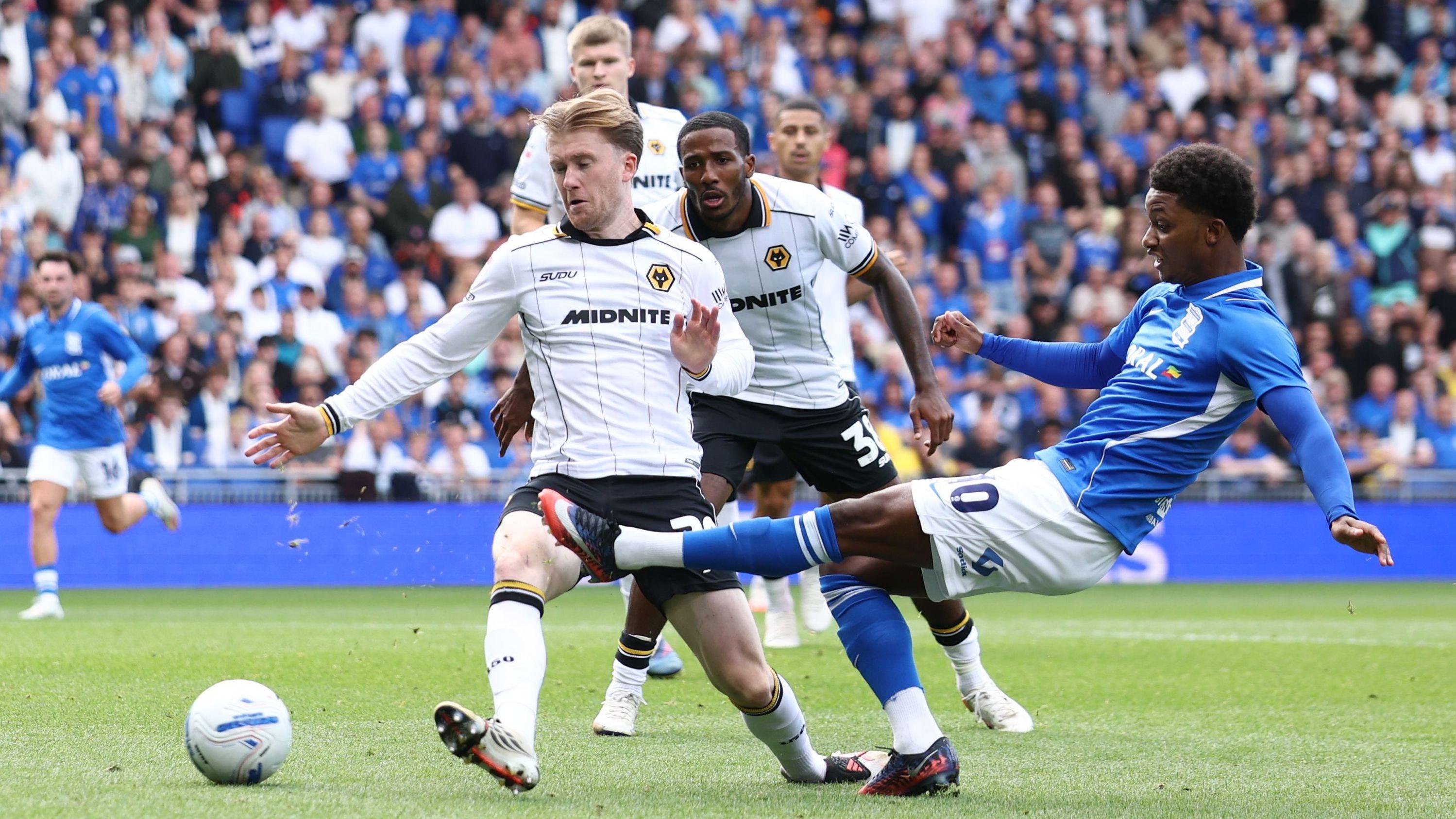 Birmingham City frontman Demarai Gray takes a shot at goal during his side's 2-2 draw with Wolves at St Andrew's in September 