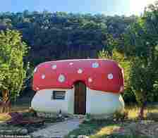 The mushroom house (above) offers two bedrooms - one with a queen bed and another with three floor mattresses