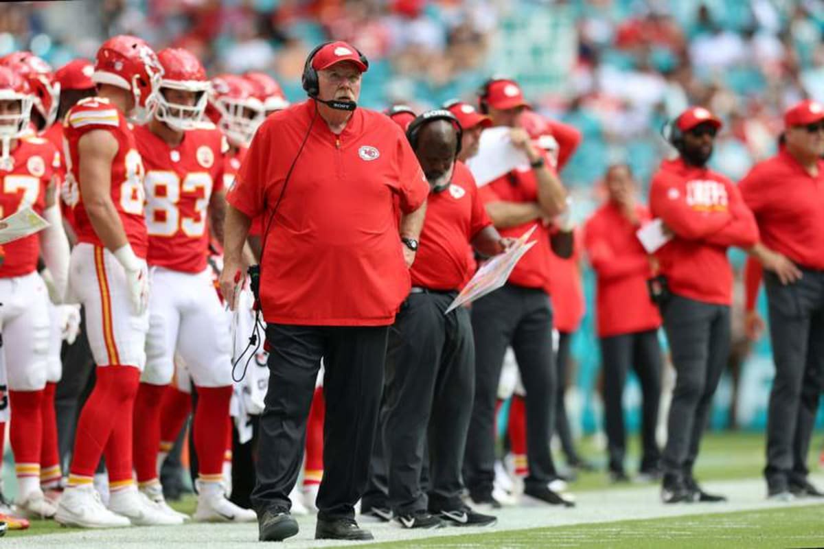Sep 27, 2026; Miami Gardens, Florida, USA; Kansas City Chiefs head coach Andy Reid looks on from the sideline during the fourth quarter against the Miami Dolphins at Hard Rock Stadium. © Nathan Ray Seebeck-Imagn Images