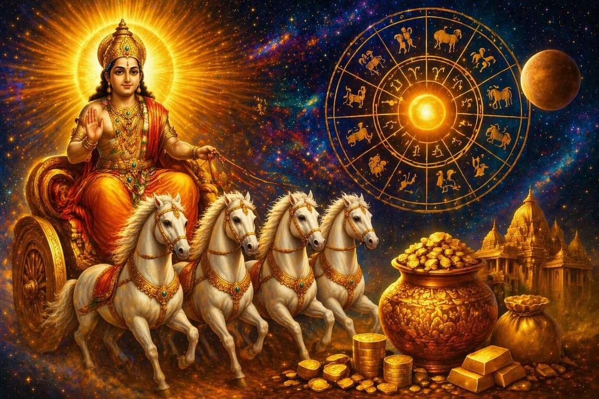 The image depicts the Sun God riding a chariot, a golden pitcher, a temple in the background, the Zodiac, and the planet Mercury.