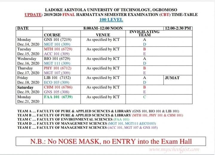 LAUTECH Exam Timetable