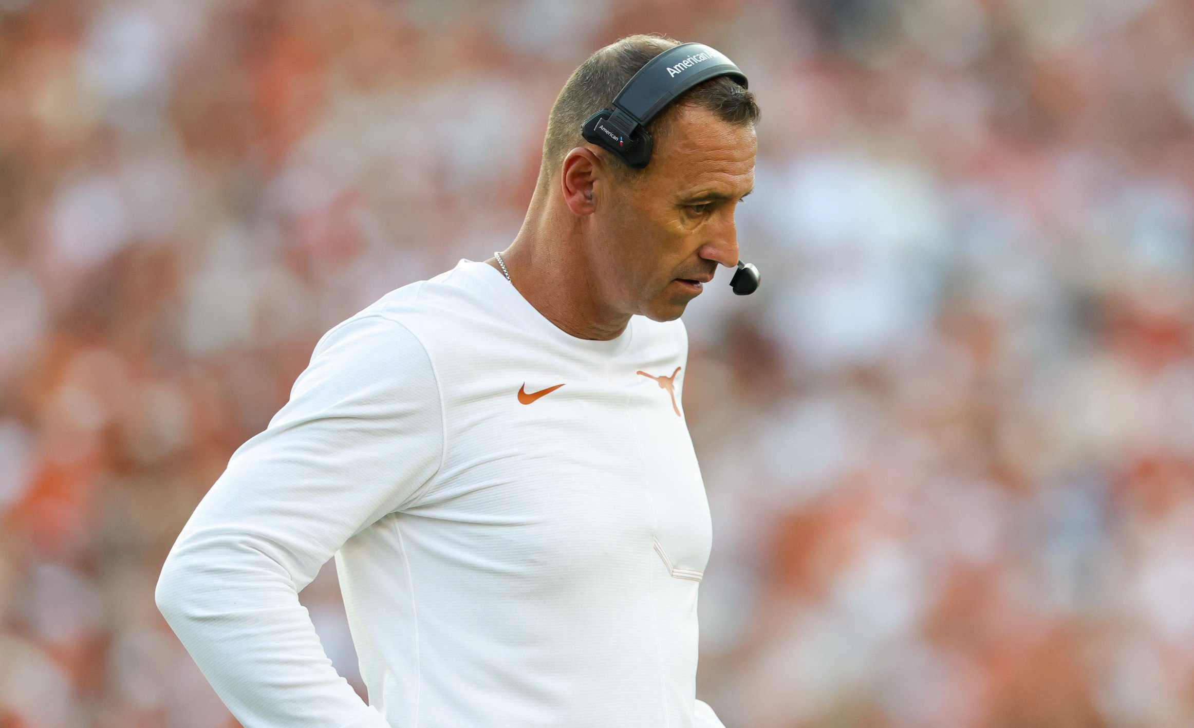Oct 10, 2026; Dallas, Texas, USA;  Texas Longhorns head coach Steve Sarkisian reacts during the second half against the Oklahoma Sooners at the Cotton Bowl. Mandatory Credit: Kevin Jairaj-Imagn Images