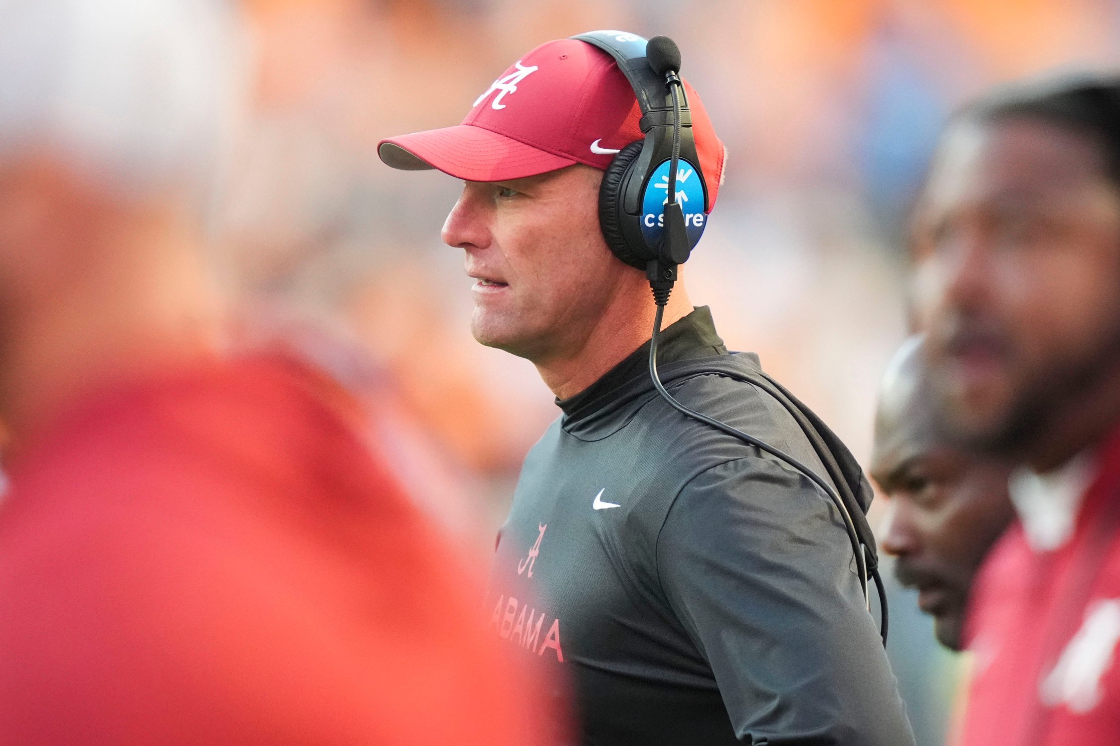 Alabama coach Kalen DeBoer on the sidelines during a game between Tennessee and Alabama in Neyland Stadium in Knoxville, Tenn., Oct. 17, 2026.