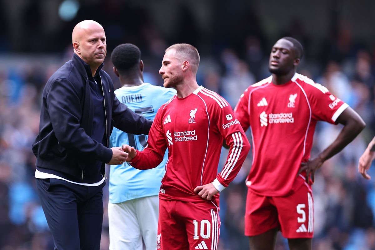 A dejected Arne Slot, former head coach of Liverpool, and Alexis Mac Allister at full time after the Emirates FA Cup Quarter Final match against Manchester City in April 4, 2026