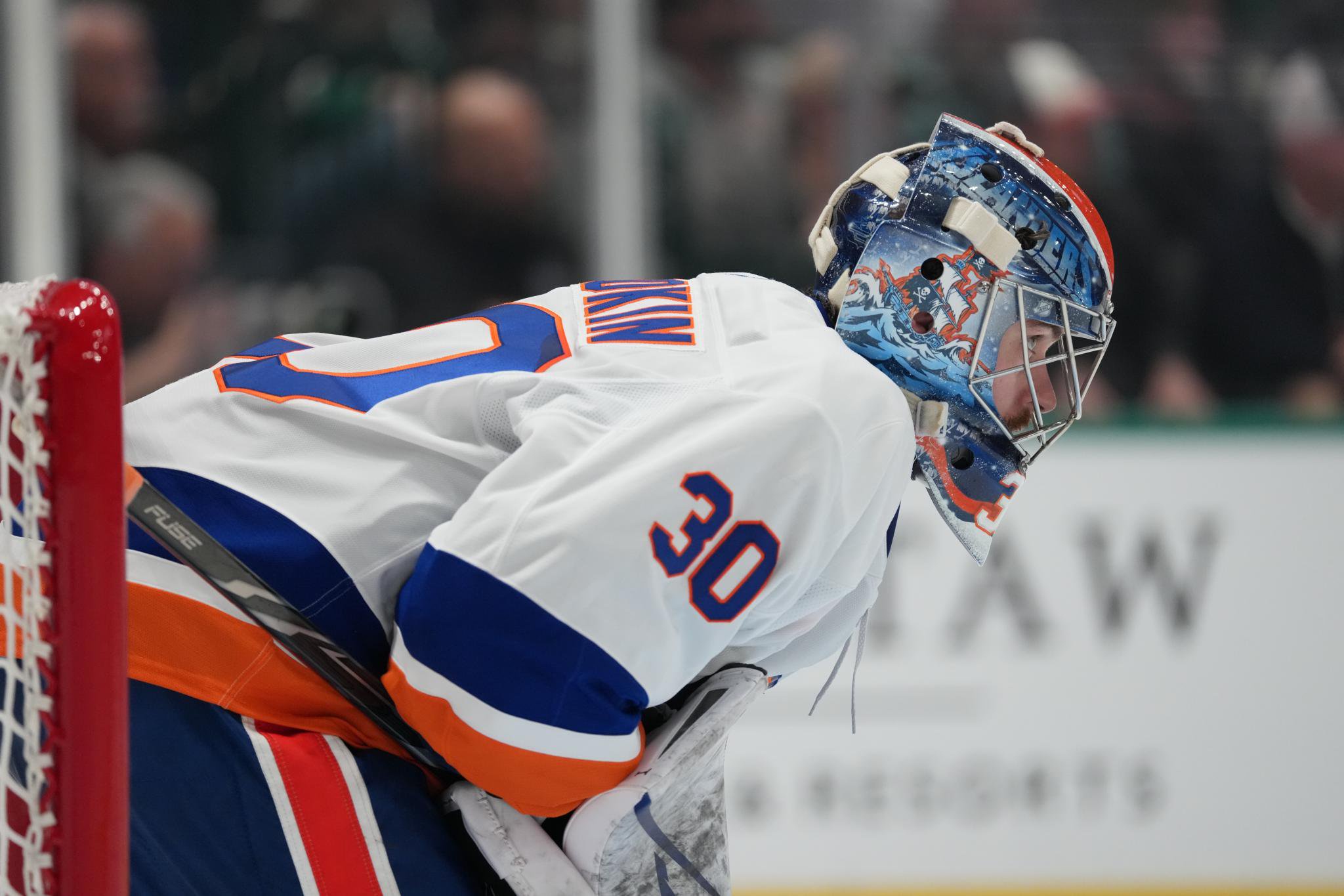 New York Islanders goalkeeper Ilya Sorokin (30) in his net during a game against the Dallas Stars.