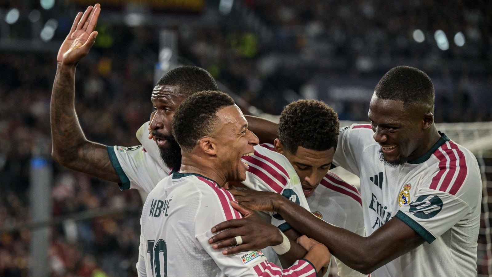 Antonio Rudiger of Real Madrid celebrates after scoring during a UCL match against AS Roma at Stadio Olimpico on October 14, 2026 in Rome, Italy.