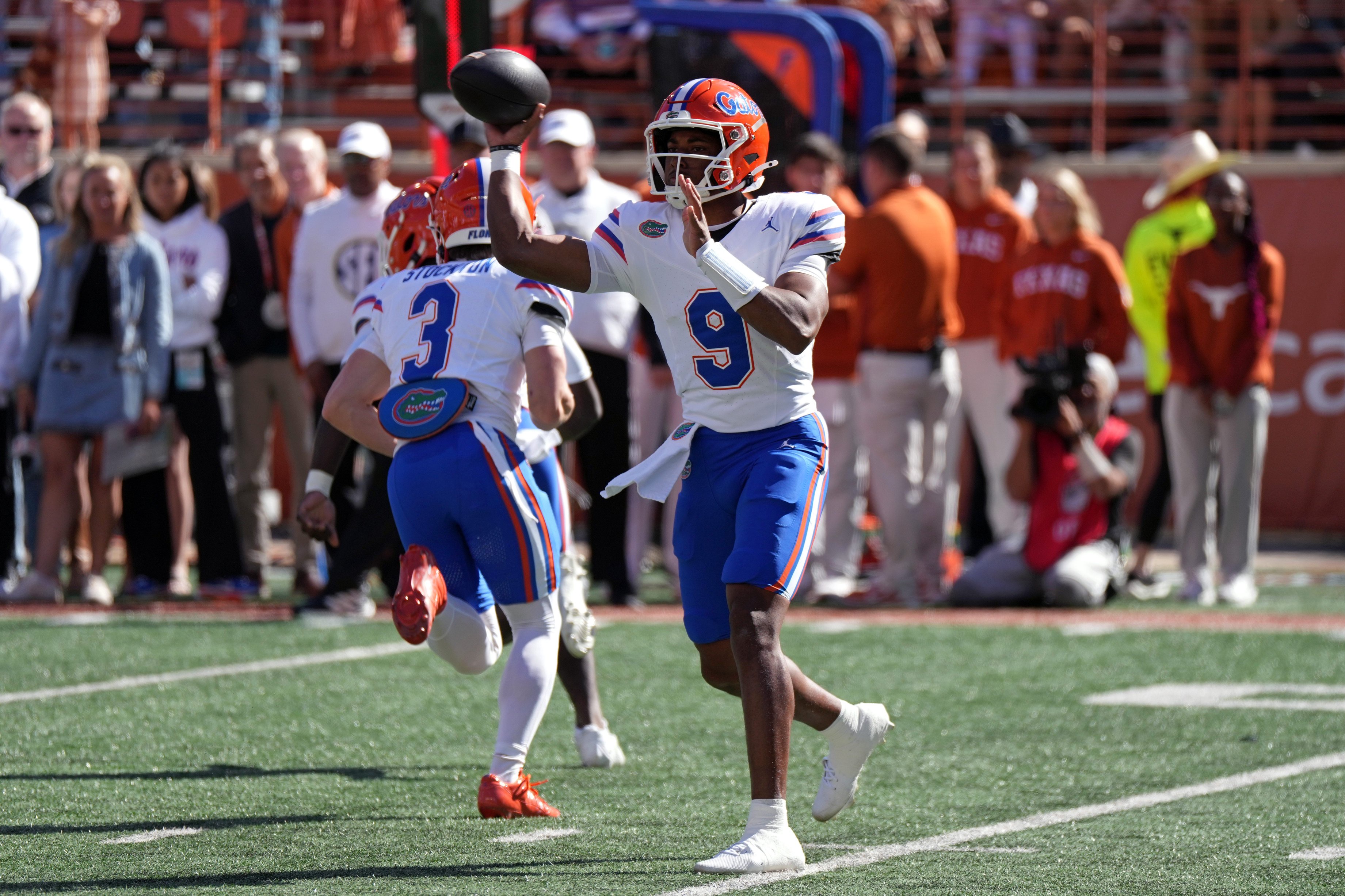 Oct 17, 2026; Austin, Texas, USA;  Florida Gators quarterback Tramell Jones Jr. (9) throws a pass during the first half against the Texas Longhorns at Darrell K Royal-Texas Memorial Stadium.  Mandatory Credit: Scott Wachter-Imagn Images