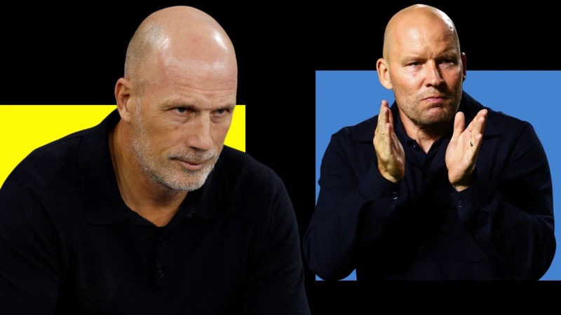 Norwich City boss Philippe Clement, left, wearing a black jumper, and Sheffield Wednesday manager Henrik Pedersen, right, claps his hands while wearing a navy blue coat