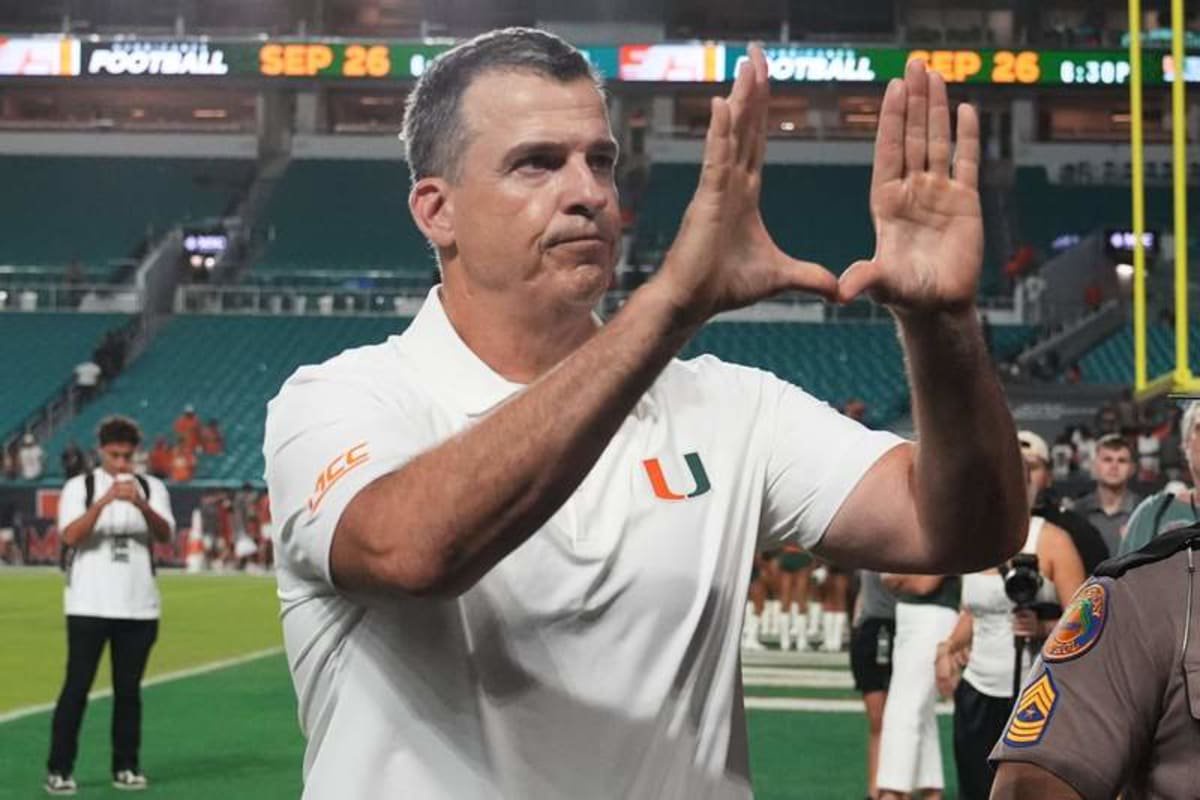 Head coach Mario Cristobal has the Hurricanes leading the nation in points per game (49.6), yards per game (554.8) and yards per play (8.21). ©Lynne Sladky