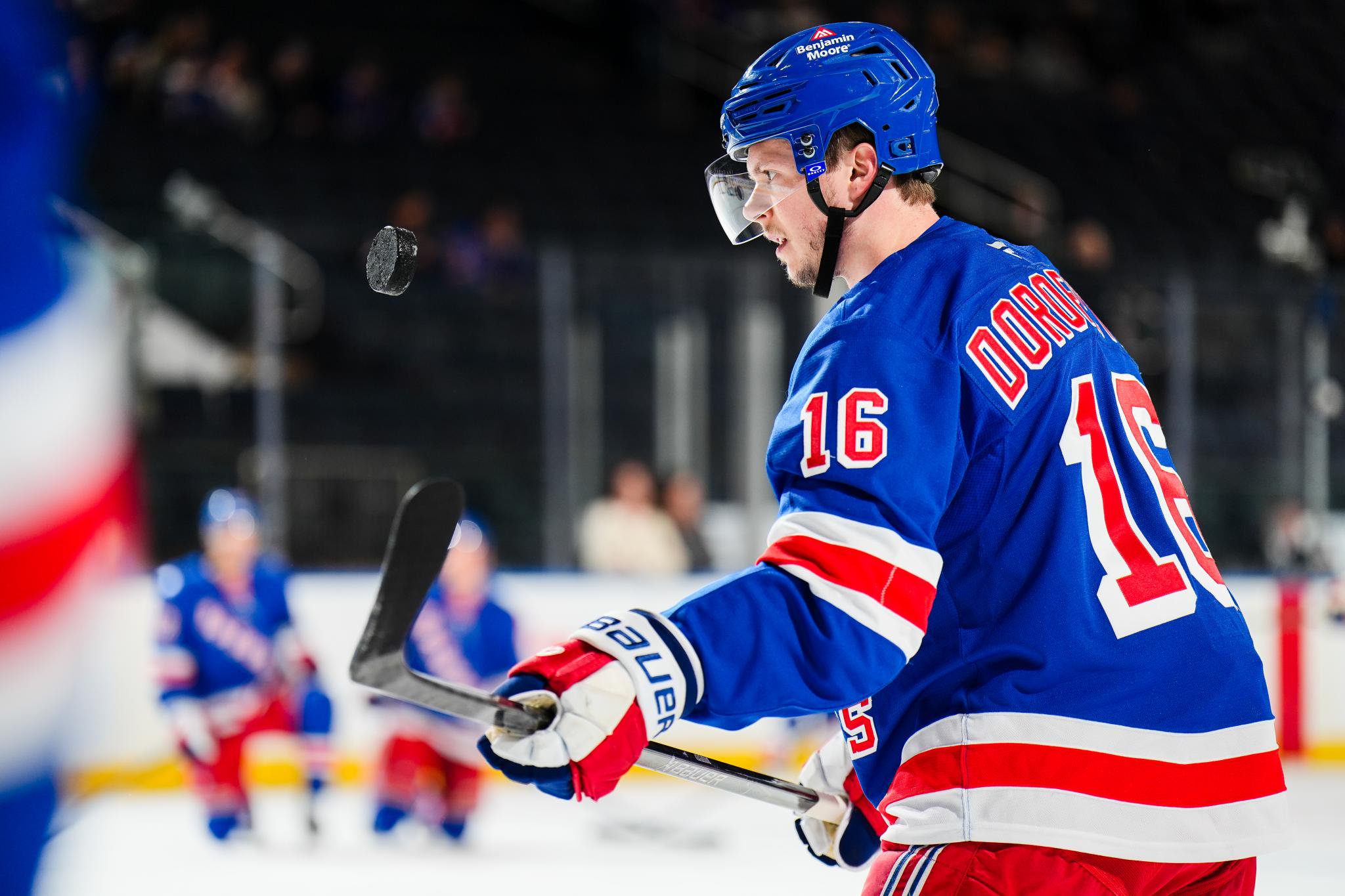 Pavel Dorofeyev of the New York Rangers warms up before a game against the Los Angeles Kings.