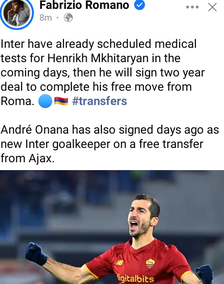 Inter sign Mkhitaryan in free transfer from Roma after completing deal for  Onana from Ajax