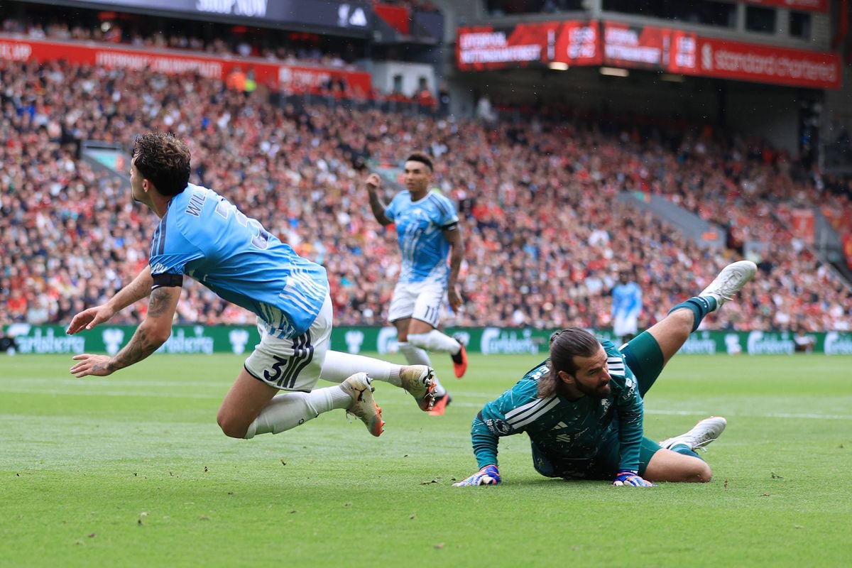 Liverpool goalkeeper Alisson Becker fouls Neco Williams