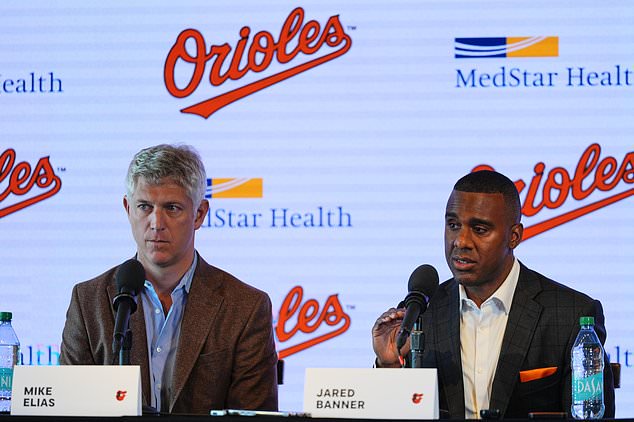 Baltimore Orioles General Manager Jared Banner, right, speaks during an introductory press conference with President of Baseball Operations Mike Elias in Baltimore, Tuesday, Oct. 27, 2026. (AP Photo/Stephanie Scarbrough)