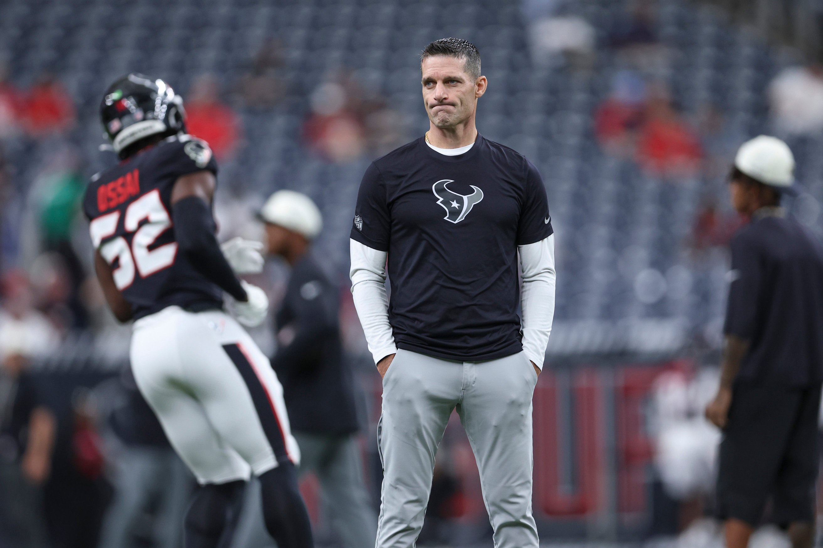 Aug 13, 2026; Houston, Texas, USA;  Houston Texans general manager Nick Caserio watches during practice before the game against the Los Angeles Chargers at Reliant Stadium. Mandatory Credit: Troy Taormina-Imagn Images