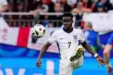 Bukayo Saka of England controls the ball during the UEFA EURO 2024 round of 16 match between England and Slovakia at Arena AufSchalke on June 30, 2...