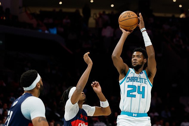 Charlotte Hornets forward Brandon Miller (24) looks to shoot against the Washington Wizards during the first half of an NBA basketball game in Charlotte, N.C., Monday, Oct. 26, 2026. (AP Photo/Nell Redmond)