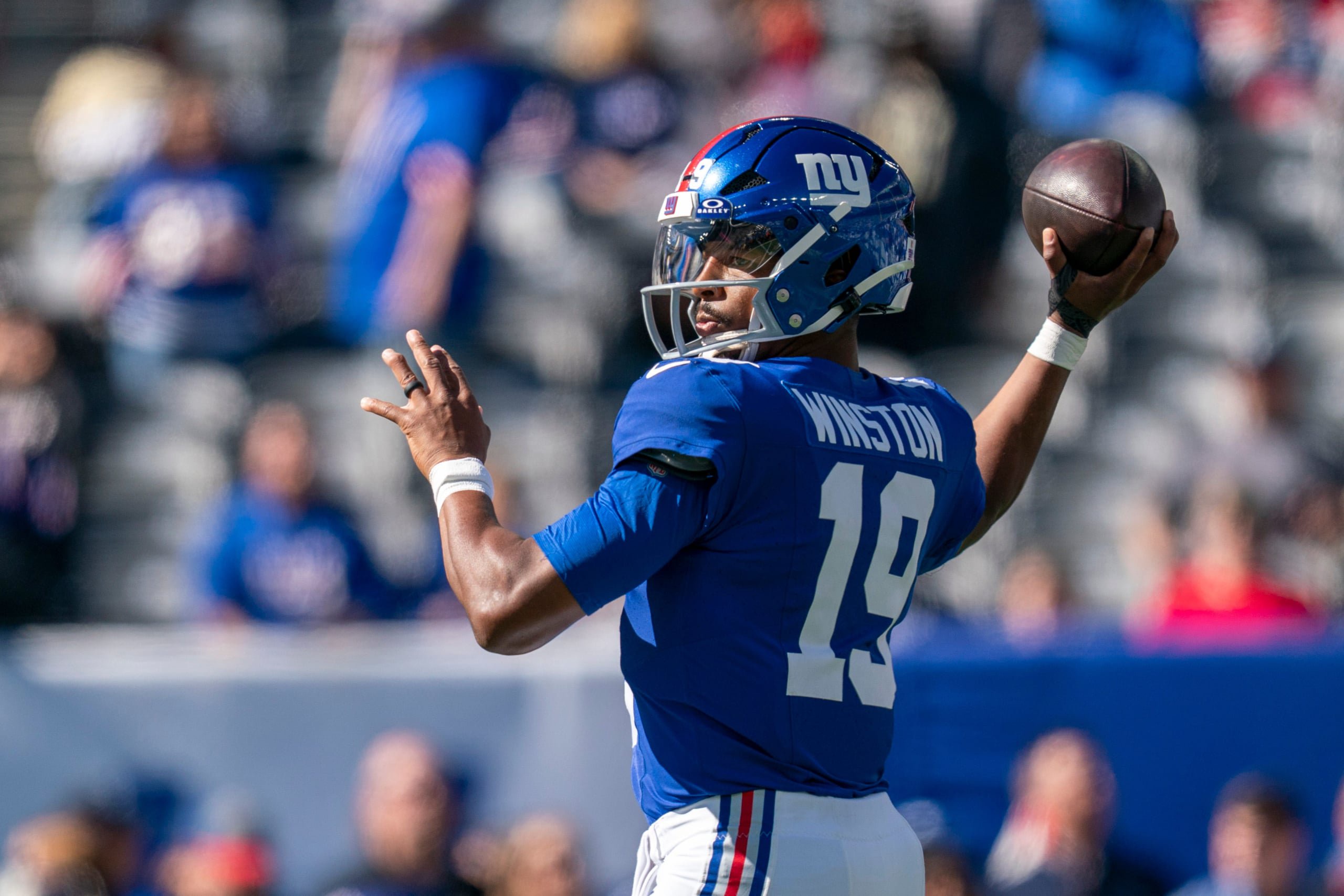 New York Giants quarterback Jameis Winston (19) throws a pass on warmups during a week 6 NFL football game between New York