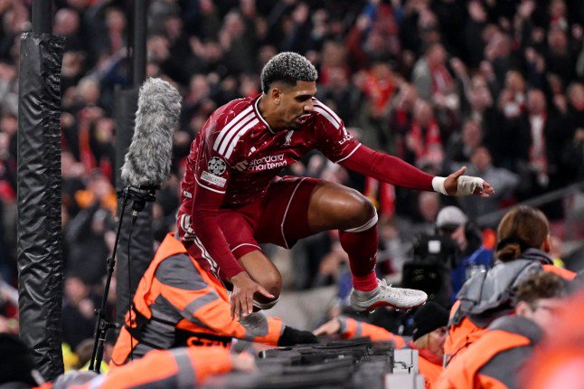 LIVERPOOL, ENGLAND - OCTOBER 20: Ronald Araujo of Liverpool celebrates scoring his team???s second goal during the UEFA Champions League 2026/27 League Phase MD3 match between Liverpool FC and Villarreal CF at Anfield on October 20, 2026 in Liverpool, England. (Photo by Liverpool FC/Liverpool FC via Getty Images)