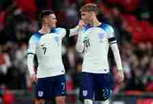 Phil Foden and Cole Palmer of England celebrates after the UEFA EURO 2024 European qualifier match between England and Malta at Wembley Stadium on ...