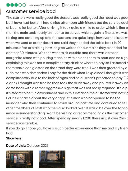 Story from Jam Press (Angry Pub Owner) Pictured: TripAdvisor review from anonymous guest.  Pub owner 'baffled' after customer refuses to pay for ??12 drinks because 'she thought it was cheap' A pub owner has been named as ???angry little man???  by a customer who left a scathing review because they had to pay for their drink.  Heath Ball, owner of the Red Lion & Sun pub based in Highgate, has been left out?  after helping a customer themselves to the frozen cocktail machine center???  free.  The 50-year-old was later tipped off by the punter in question, who took to TripAdvisor to share a three-star review.  The anonymous guest sat outside and saw the drinks machine, assuming it was ???free???  and proceeded to pour himself.  Heath, who had previously been beaten by the press, is forced to place a sign on top of the machine to prevent anyone else from trying to score a free cocktail.  She was drinking all day and it was clearly advertised with signs on the prices of these drinks,???  he told NeedToKnow.co.uk.  If it was free, we'd have a queue around the block, it's just a stupid excuse.  That's the first time it happened, because no one has ever done this, because they know they are not free.  ???Why would I have a free margarita stand sitting here?  It's hard to make a lot of money right now, let alone give away alcohol for free.  ???  She got upset when I showed her the sign [and then she] she took a photo and posted it on her TripAdvisor.  I was angry, but I couldn't believe it.???  Read the review: ???[...] We then went to sit outside and there was a frozen margarita stand with a pouring machine with no one there to pour and no signs explaining that this was not a complimentary drink or where to pay so I just assumed it was clean glasses on the stand they were free.  ???I was then greeted by a rude man who demanded I pay for the drink when I explained I thought it was complimentary due to the lack of signs and said I wasn?