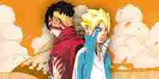 Boruto and Kawaki in the Boruto series with Naruto in the backdrop