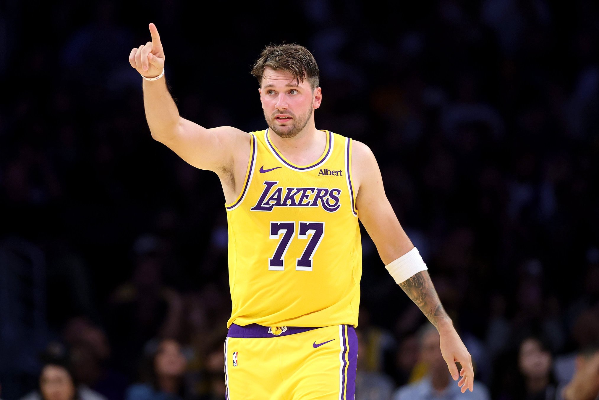 Luka Doncic of the Los Angeles Lakers reacts against the Sacramento Kings in a preseason game at Crypto.com Arena on Oct. 08, 2026.