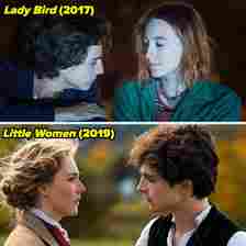 Timothée Chalamet and Saoirse Ronan in scenes from &quot;Lady Bird&quot; (2017) and &quot;Little Women&quot; (2019). In both, they gaze at each other intently