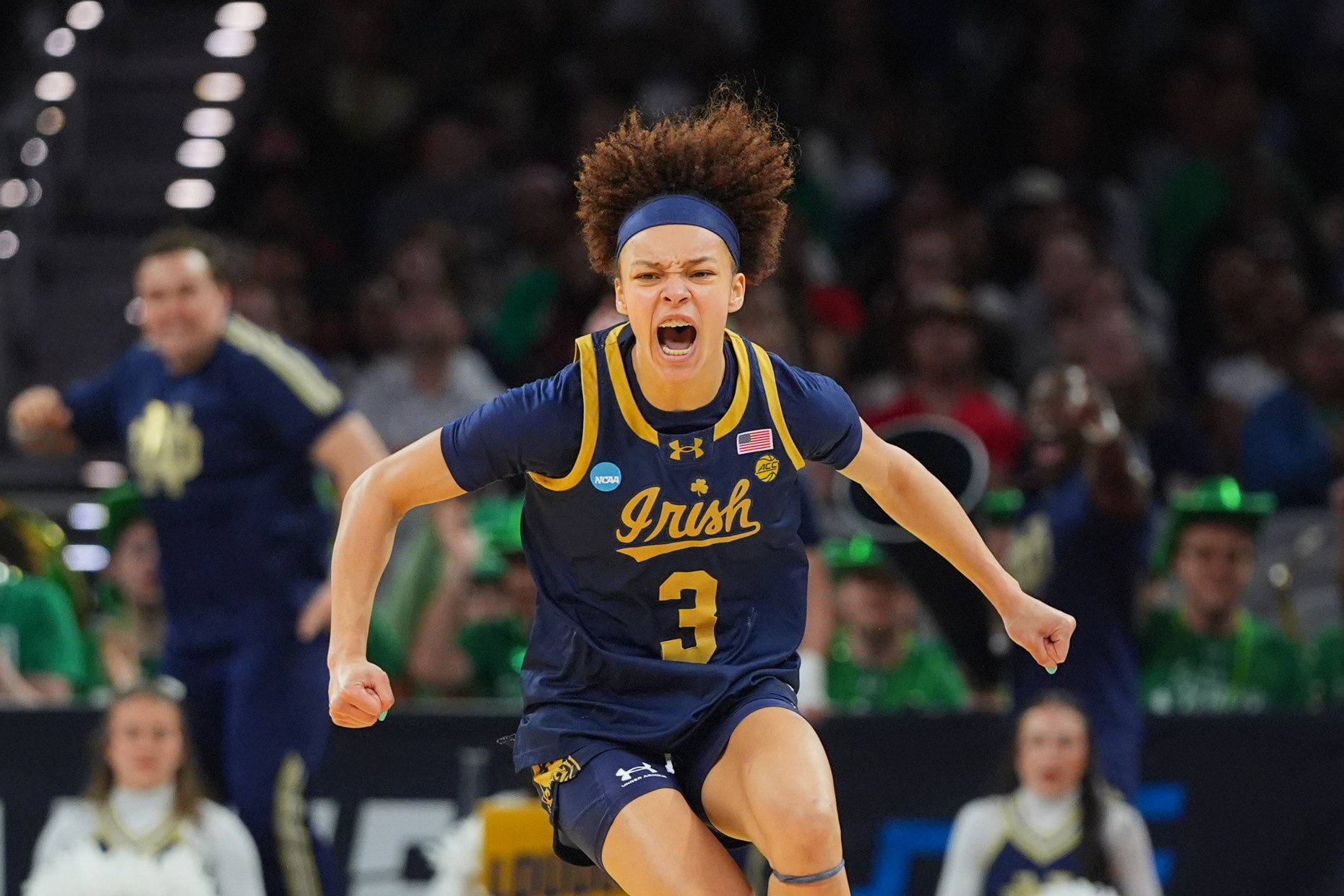 Notre Dame guard Hannah Hidalgo reacts against UConn during an Elite Eight game in the NCAA Tournament on March 29, 2026, in Fort Worth, Texas. (LM Otero/AP)