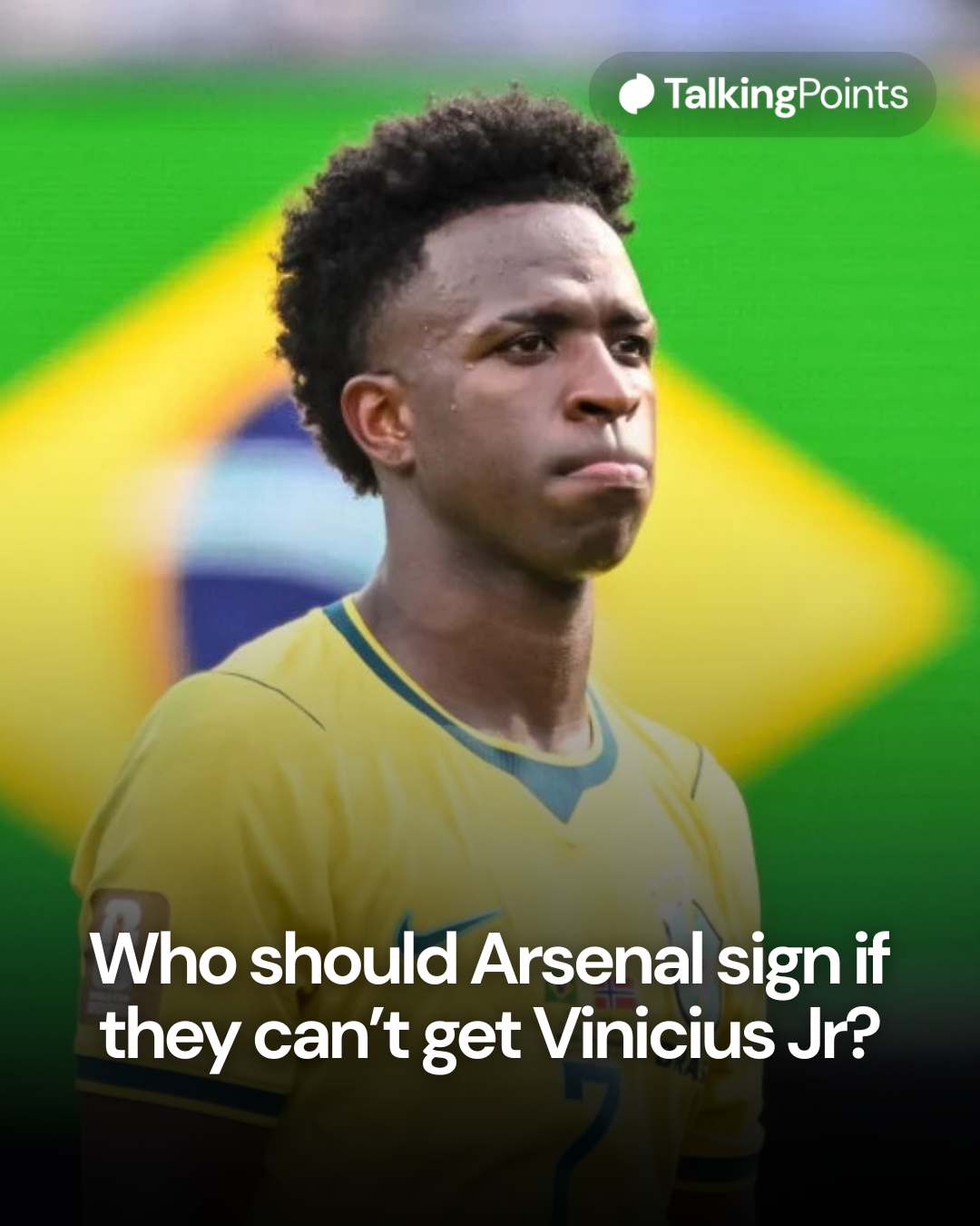 Image of Vinicius Jr looking dejected, overlaid a question for Arsenal fans