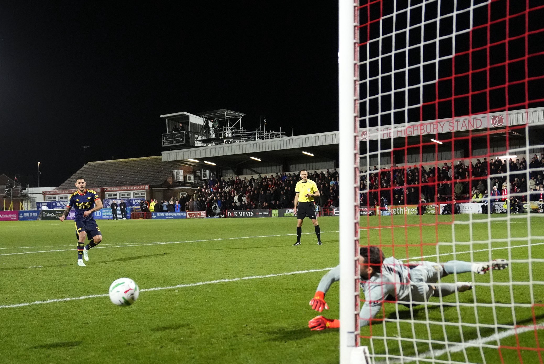 Jay Lynch denies Bruno Guimaraes to help Fleetwood beat Arsenal on penalties (Nick Potts/PA)