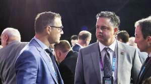 Steve Staios and Travis Green of the Ottawa Senators attend the NHL Draft at Sphere on June 29, 2024 in Las Vegas, Nevada.