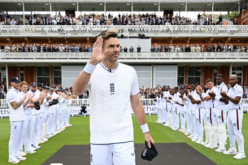LONDON, ENGLAND - JULY 12: James Anderson of England walks through the guard of honour on his final test appearance ahead of day three of 1st Test Match between England and the West Indies at Lord's Cricket Ground on July 12, 2024 in London, England. (Photo by Gareth Copley/Getty Images)