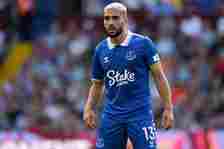 Neal Maupay of Everton in action during the Premier League match between Aston Villa and Everton FC at Villa Park on August 20, 2023 in Birmingham,...