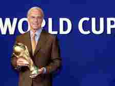 Franz Beckenbauer pictured with the World Cup trophy in 2000