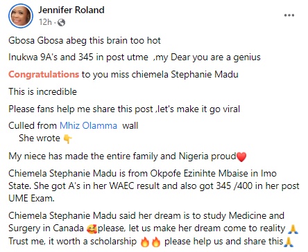 Imo Student, Madu Stephanie Chiemela Made 9As In WAEC, Got 345 In JAMB Post UTME