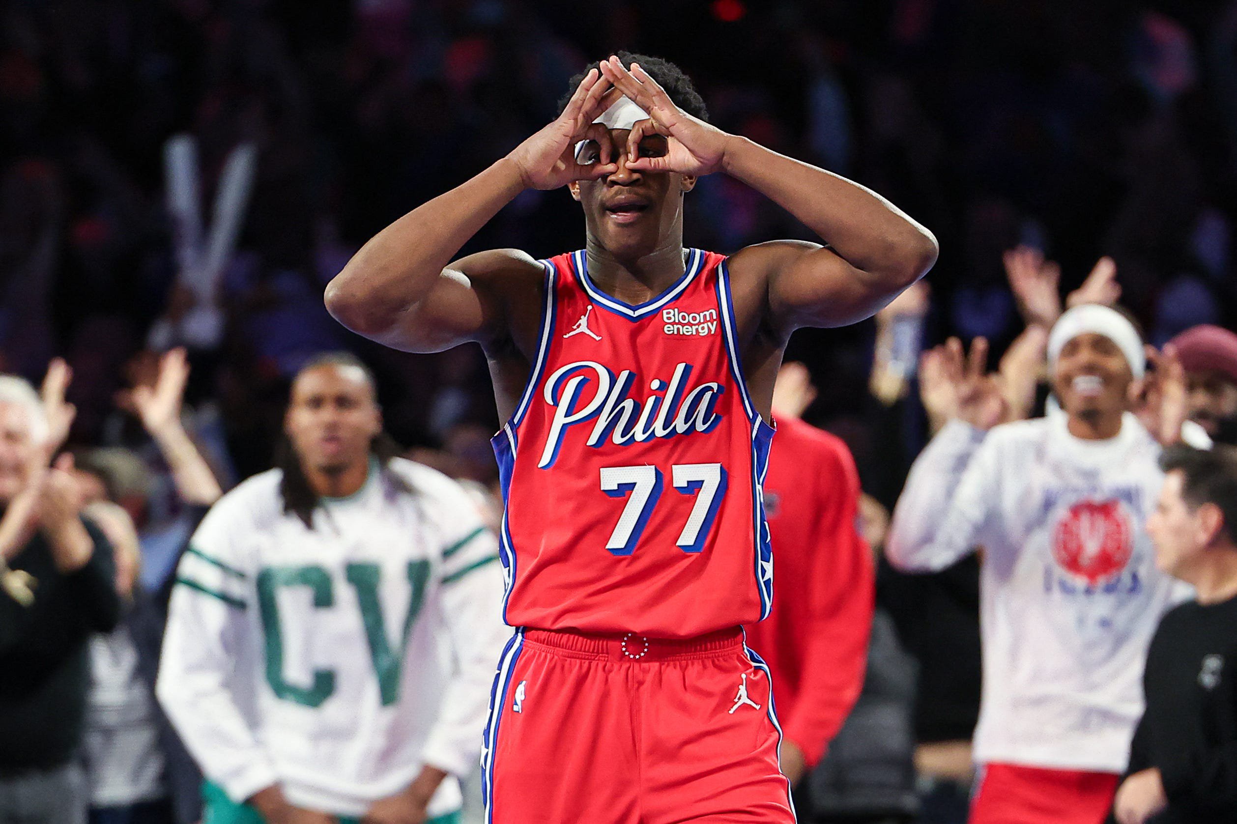 Oct 30, 2026; Philadelphia, Pennsylvania, USA; Philadelphia 76ers guard Vj Edgecombe (77) reacts after his three pointer against the New York Knicks during the fourth quarter at Xfinity Mobile Arena. Mandatory Credit: Bill Streicher-Imagn Images