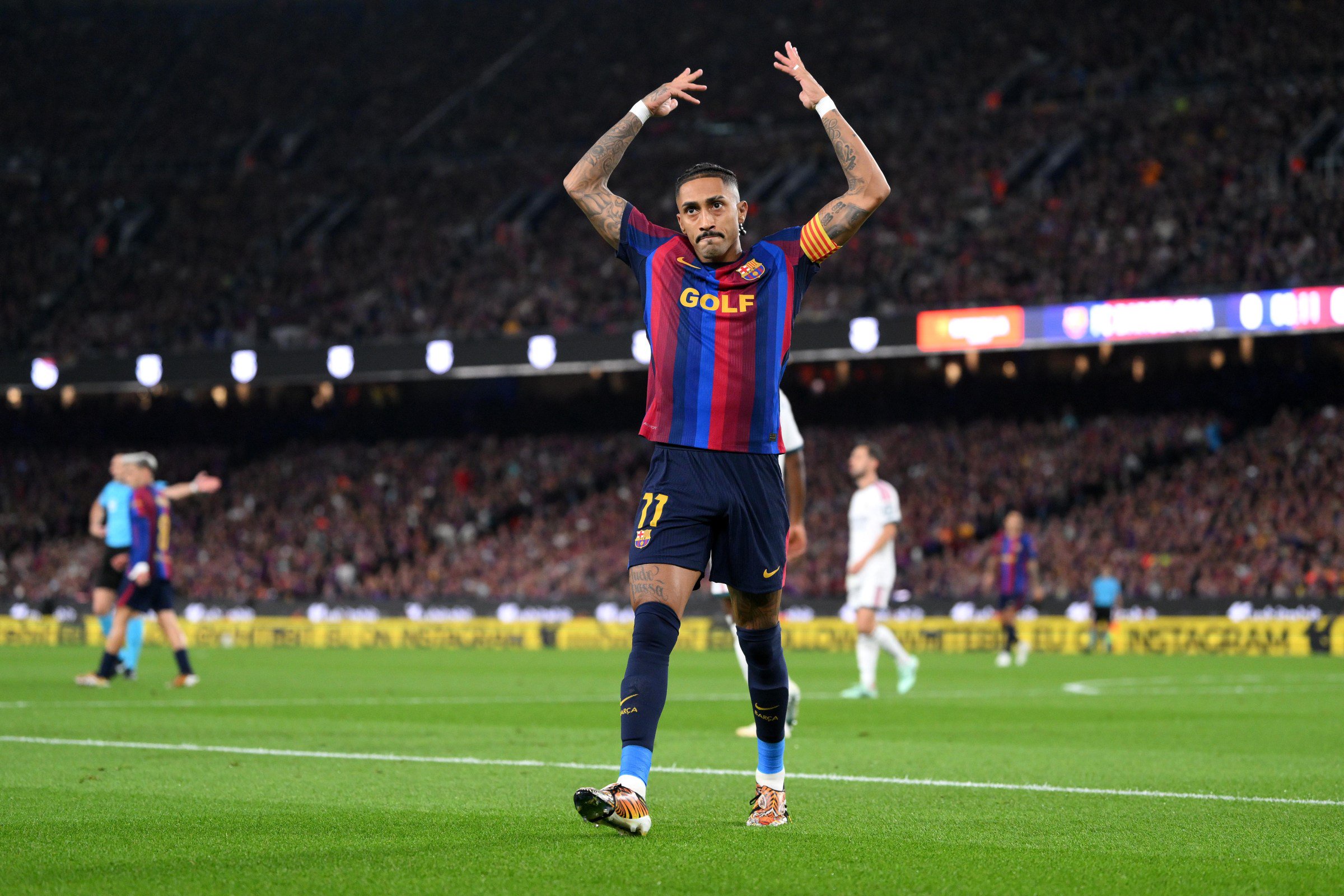 BARCELONA, SPAIN - OCTOBER 25: Raphinha of FC Barcelona reacts during the LaLiga EA Sports 2026/27 match between FC Barcelona and Real Madrid at Spotify Camp Nou on October 25, 2026 in Barcelona, Spain. (Photo by David Ramos/Getty Images)