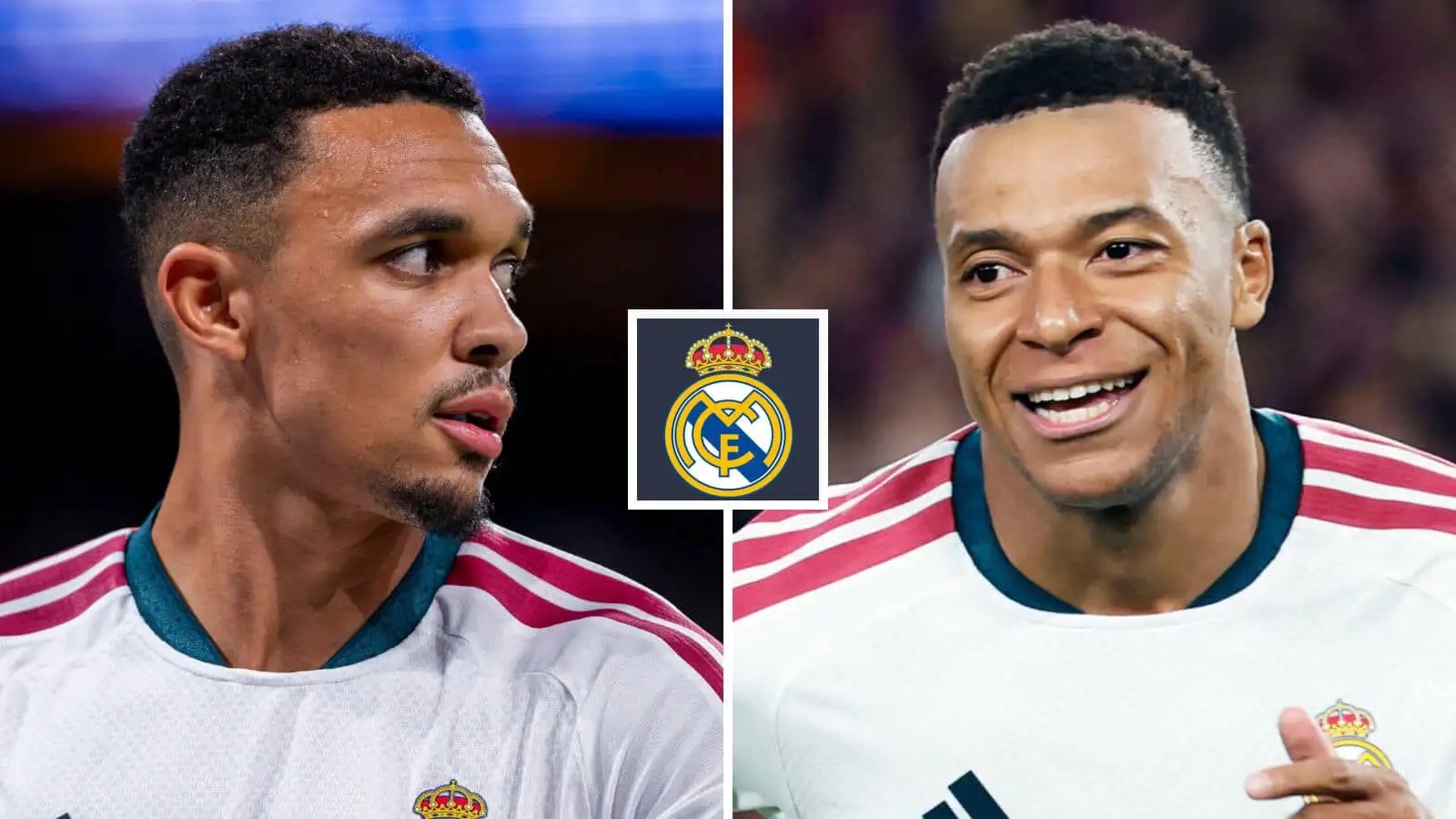 Split image of Real Madrid duo Trent Alexander-Arnold and Kylian Mbappe, with the Real Madrid badge in between - copyright TEAMtalk
