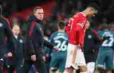 Manchester United manager Ralf Rangnick and Cristiano Ronaldo leave the pitch after losing the penalty shoot out during the Emirates FA Cup Fourth Round match between Manchester United and Middlesbrough at Old Trafford on February 04, 2022 in Manchester, England