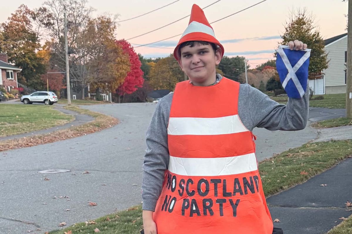 Jake Williams, 16, from Boston proudly dressed as a traffic cone in ode to the Tartan Army