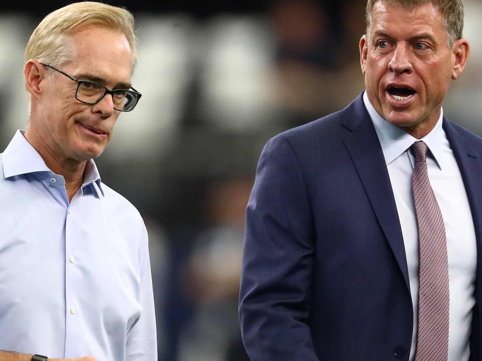 Oct 6, 2019; Arlington, TX, USA; Fox announcers Joe Buck and Troy Aikman on the field prior to the game with the Dallas Cowboys playing against the Green Bay Packers at AT&T Stadium. Mandatory Credit: Matthew Emmons-USA TODAY Sports