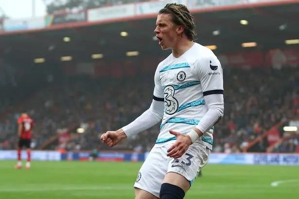 Conor Gallagher of Chelsea celebrates after scoring their sides first goal during the Premier League match between AFC Bournemouth and Chelsea FC at Vitality Stadium on May 06, 2023