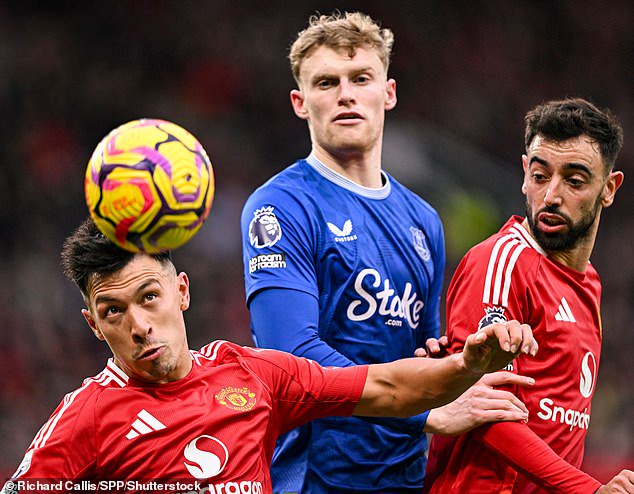 United retain an interest in Jarrad Branthwaite (centre) having had two offers worth up to £50m rejected by Everton in 2024, and could try again in the summer