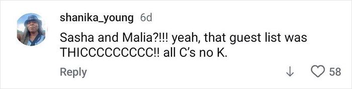 Screenshot of a social media comment praising Sasha Obama and Malia's appearance and guest list at a party.