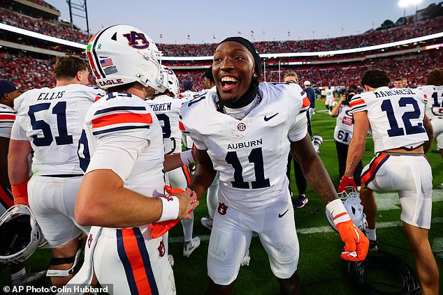 Auburn wide receiver Keshaun Singleton reacts after a college football game against Georgia