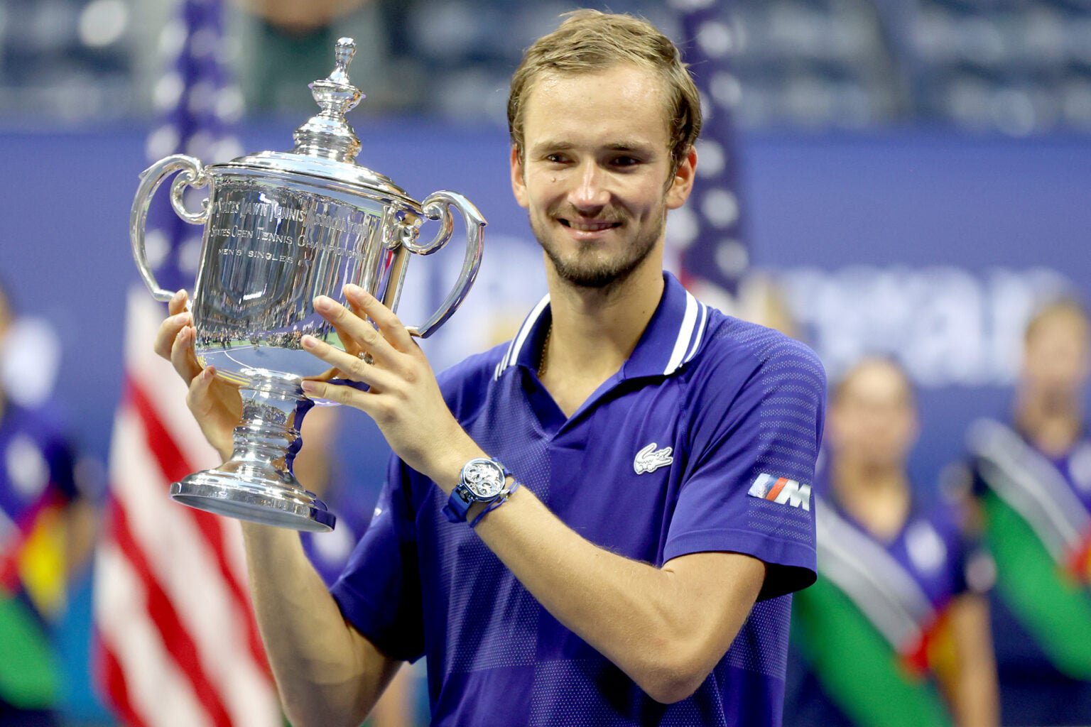 Daniil Medvedev holds the US Open trophy.